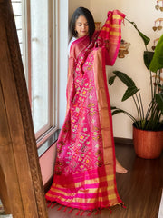 Pink Handwoven Ikat Dupatta in Pure Silk