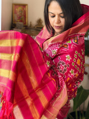 Pink Handwoven Ikat Dupatta in Pure Silk