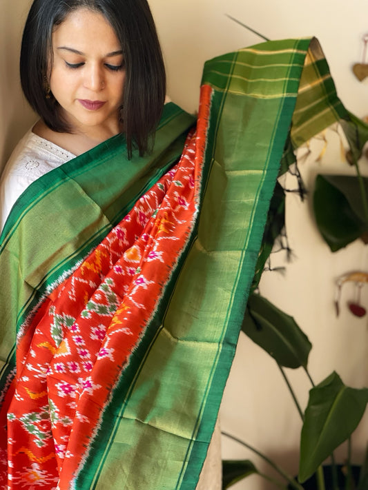 Orange Handwoven Ikat Dupatta in Pure Silk