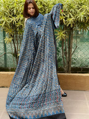 Blue Handblock Printed Ajrakh Dupatta with Mukaish Handwork