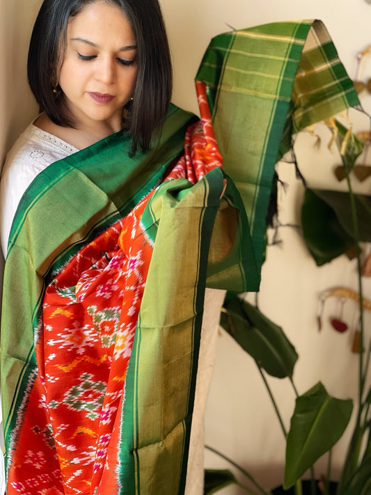 Orange Handwoven Ikat Dupatta in Pure Silk