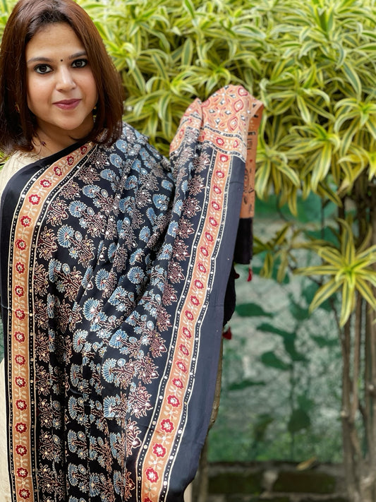 Black Handblock Printed Ajrakh Dupatta with Mukaish Handwork