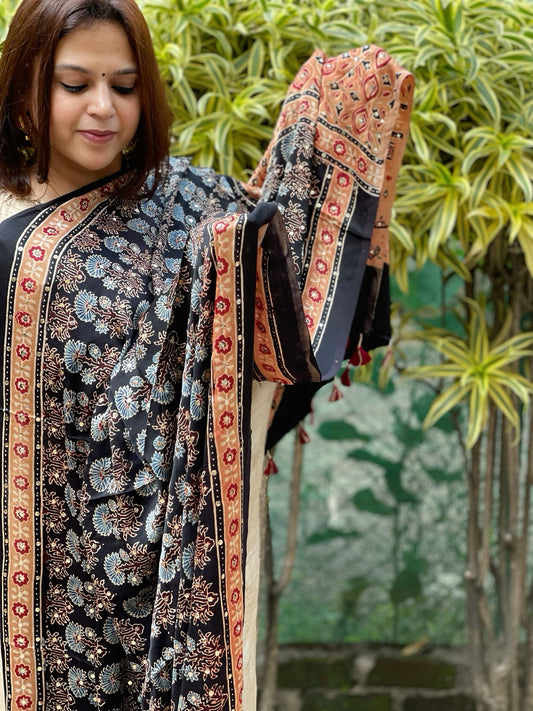 Black Handblock Printed Ajrakh Dupatta with Mukaish Handwork