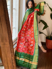 Orange Handwoven Ikat Dupatta in Pure Silk