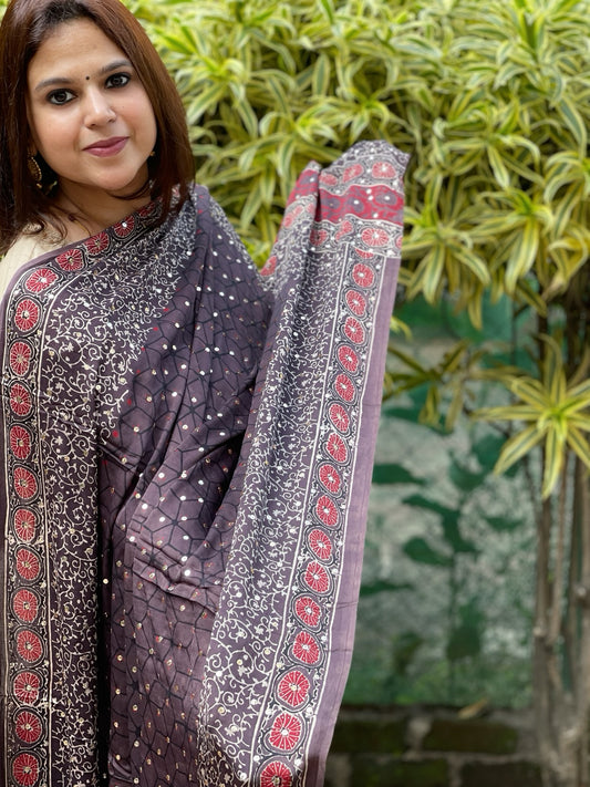 Purplish Brown Handblock Printed Ajrakh Dupatta with Mukaish Handwork