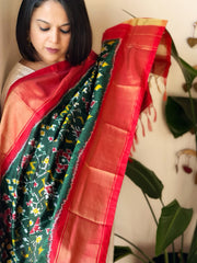 Green Handwoven Ikat Dupatta in Pure Silk