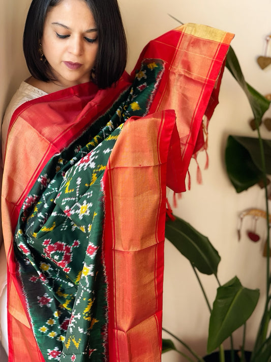 Green Handwoven Ikat Dupatta in Pure Silk