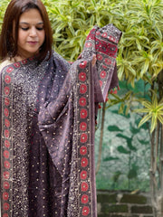 Purplish Brown Handblock Printed Ajrakh Dupatta with Mukaish Handwork