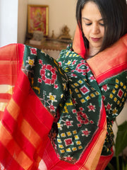 Green Handwoven Ikat Dupatta in Pure Silk