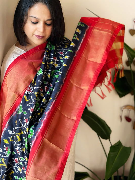 Deep Blue Handwoven Ikat Dupatta in Pure Silk