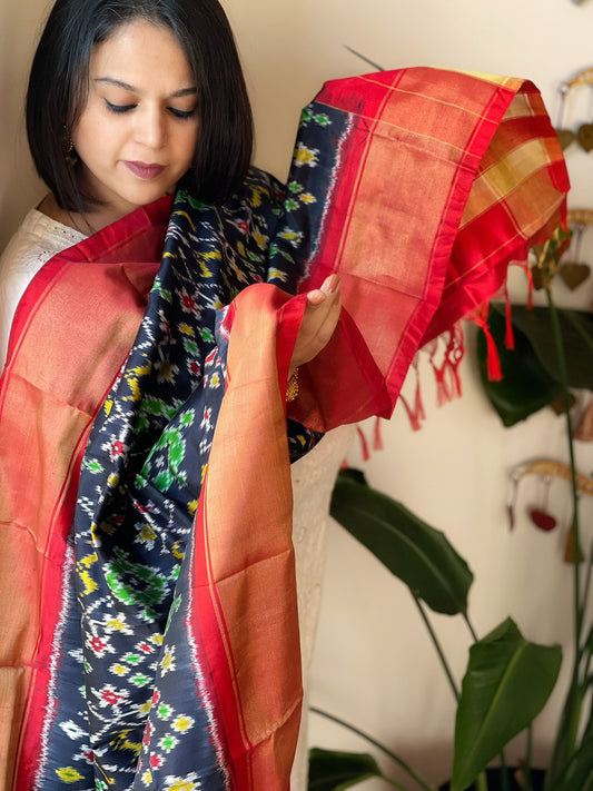 Deep Blue Handwoven Ikat Dupatta in Pure Silk