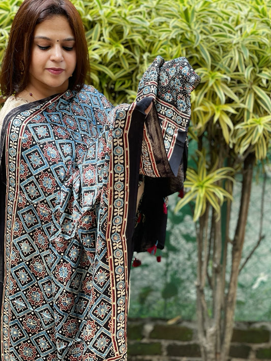 Black Handblock Printed Ajrakh Dupatta with Mukaish Handwork