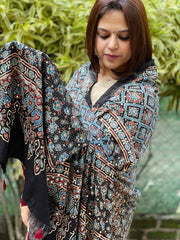 Black Handblock Printed Ajrakh Dupatta with Mukaish Handwork