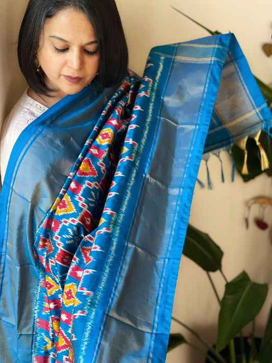 Firozi Handwoven Ikat Dupatta in Pure Silk