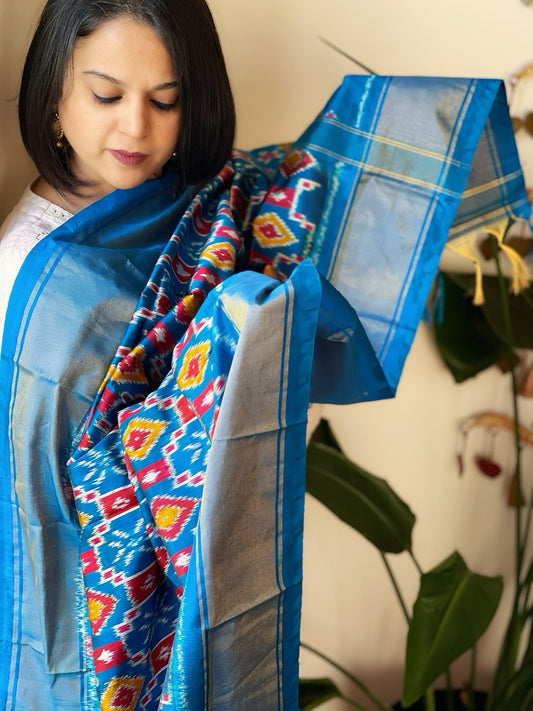 Firozi Handwoven Ikat Dupatta in Pure Silk