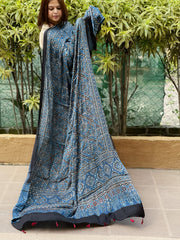 Blue Handblock Printed Ajrakh Dupatta with Mukaish Handwork