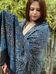 Blue Handblock Printed Ajrakh Dupatta with Mukaish Handwork