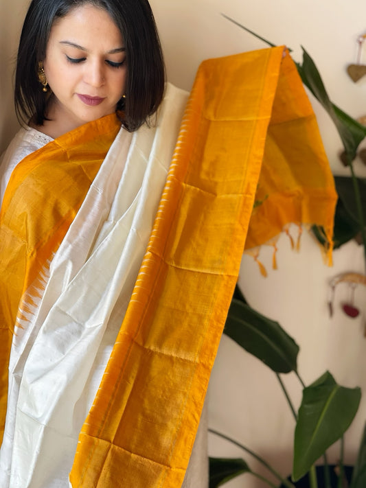 Ivory Handwoven Ikat Dupatta in Pure Silk