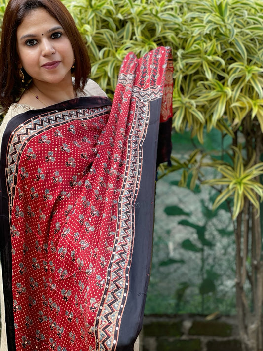 Red Handblock Printed Ajrakh Dupatta with Mukaish Handwork