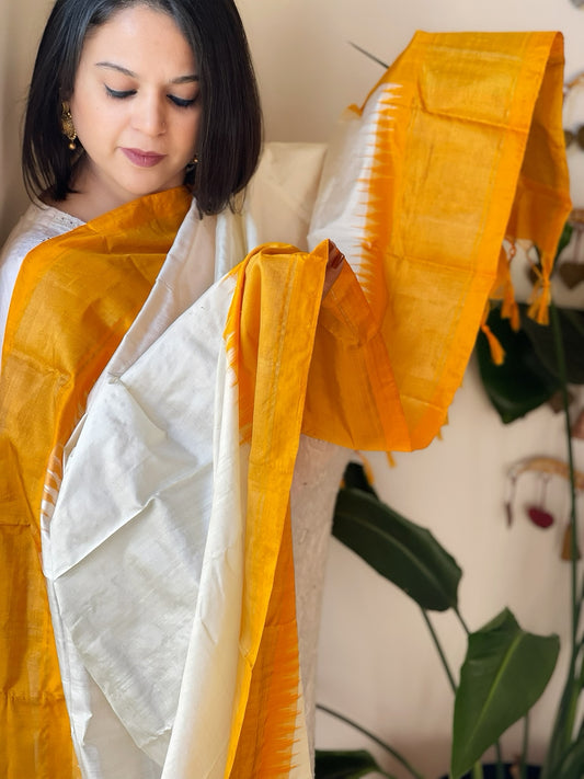 Ivory Handwoven Ikat Dupatta in Pure Silk