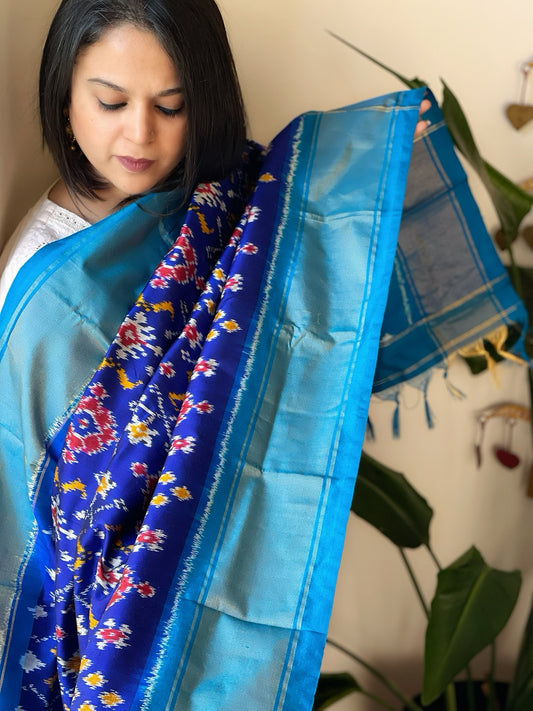 Blue Handwoven Ikat Dupatta in Pure Silk