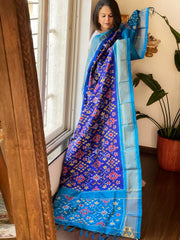 Blue Handwoven Ikat Dupatta in Pure Silk