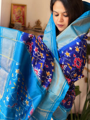 Blue Handwoven Ikat Dupatta in Pure Silk