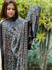 Black Handblock Printed Ajrakh Dupatta with Mukaish Handwork