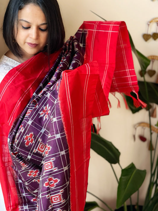 Purple Handwoven Ikat Dupatta in Pure Silk