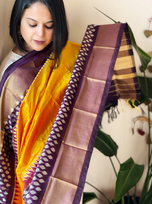 Yellow Handwoven Ikat Dupatta in Pure Silk