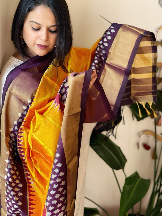 Yellow Handwoven Ikat Dupatta in Pure Silk