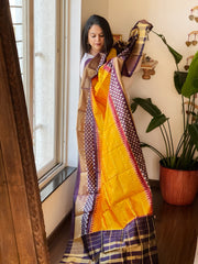 Yellow Handwoven Ikat Dupatta in Pure Silk