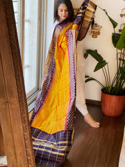 Yellow Handwoven Ikat Dupatta in Pure Silk