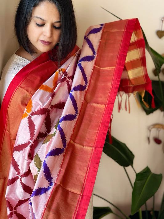 Pink Handwoven Ikat Dupatta in Pure Silk