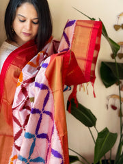 Pink Handwoven Ikat Dupatta in Pure Silk