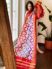 Pink Handwoven Ikat Dupatta in Pure Silk