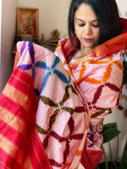 Pink Handwoven Ikat Dupatta in Pure Silk