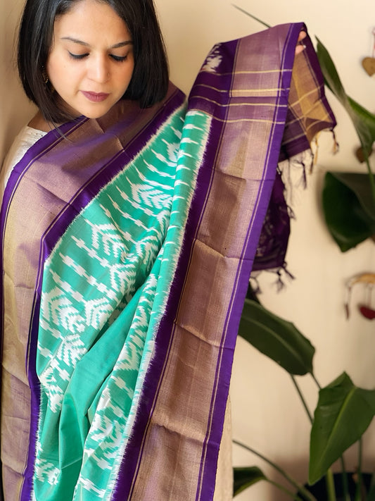 Sea Green Handwoven Ikat Dupatta in Pure Silk