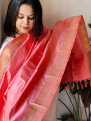 Peachish Pink Woven Paithani Dupatta in Pure Silk