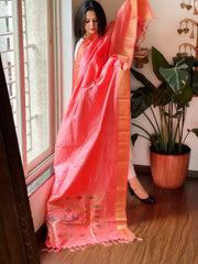 Peachish Pink Woven Paithani Dupatta in Pure Silk