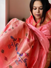 Peachish Pink Woven Paithani Dupatta in Pure Silk