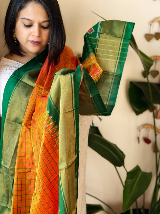 Yellow Handwoven Ikat Dupatta in Pure Silk