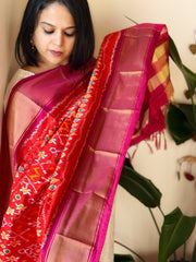 Orange Handwoven Ikat Dupatta in Pure Silk