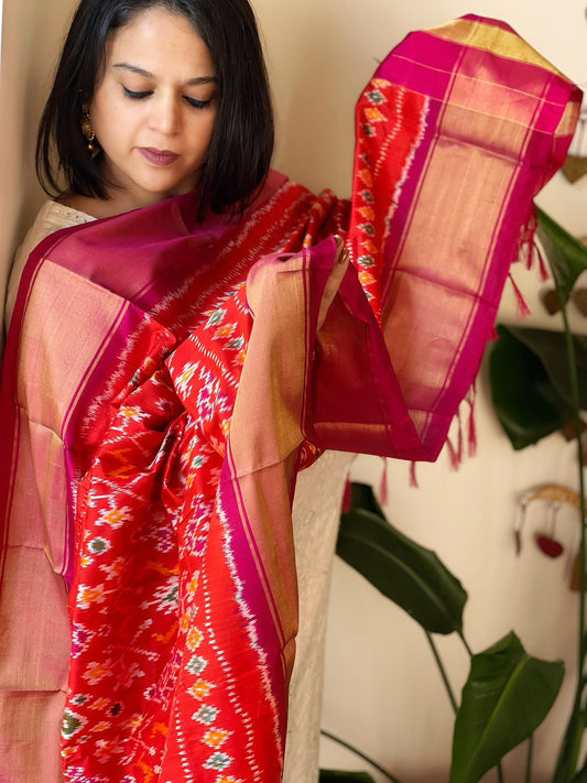 Orange Handwoven Ikat Dupatta in Pure Silk