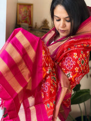 Orange Handwoven Ikat Dupatta in Pure Silk