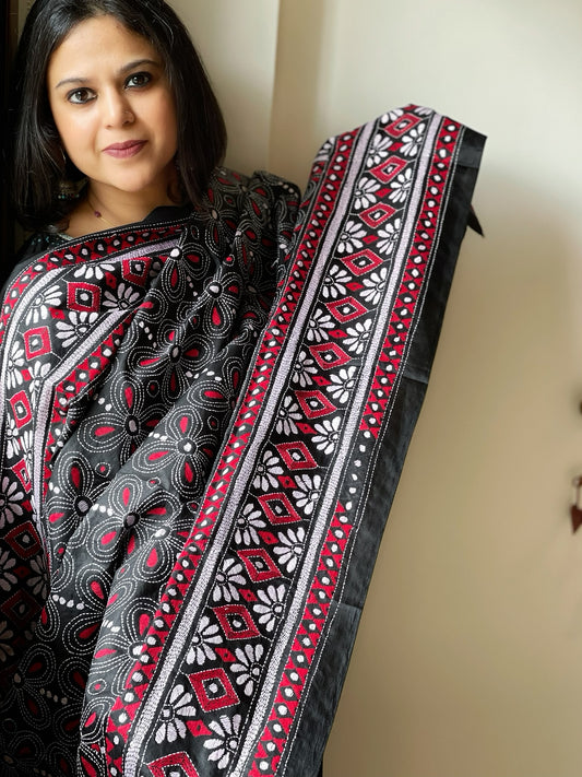 Black Handmade Nakshi Kantha Dupatta in Pure Silk