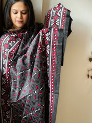 Black Handmade Nakshi Kantha Dupatta in Pure Silk