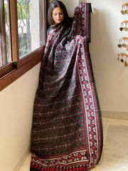 Black Handmade Nakshi Kantha Dupatta in Pure Silk