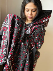 Black Handmade Nakshi Kantha Dupatta in Pure Silk