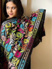 Black Handmade Nakshi Kantha Dupatta in Pure Silk